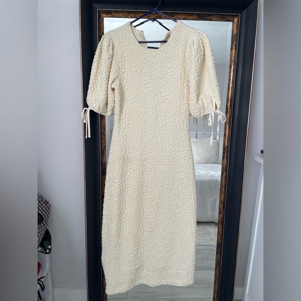 English Factory Cream Textured Puff Sleeve Dress - Picture 6 of 7